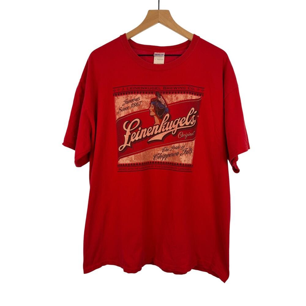 LEINENKUGEL Beer T-Shirt Mens Red Size XL Classic Logo Short Sleeves Chippewa